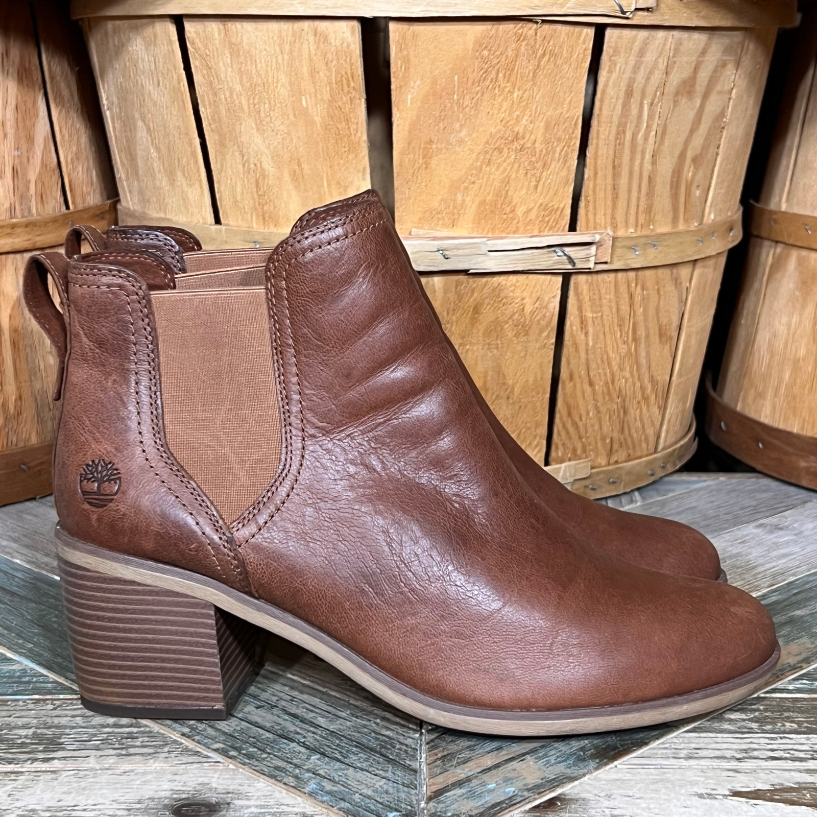 Timberland Brynlee Park Brown Leather Block Heel Pull On Ankle Boots Womens 11